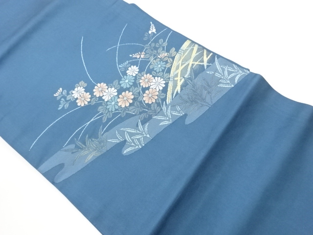 ヱ霞に蛇籠・花々模様織出し名古屋帯